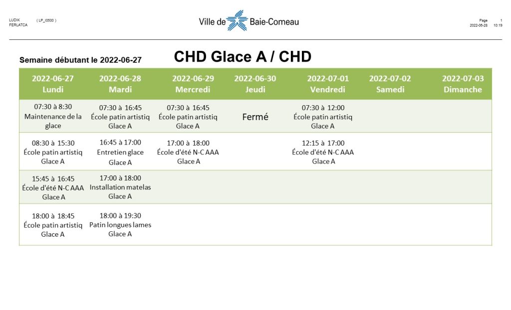 Calendrier CHD glace A - semaine du 27 juin 2022.