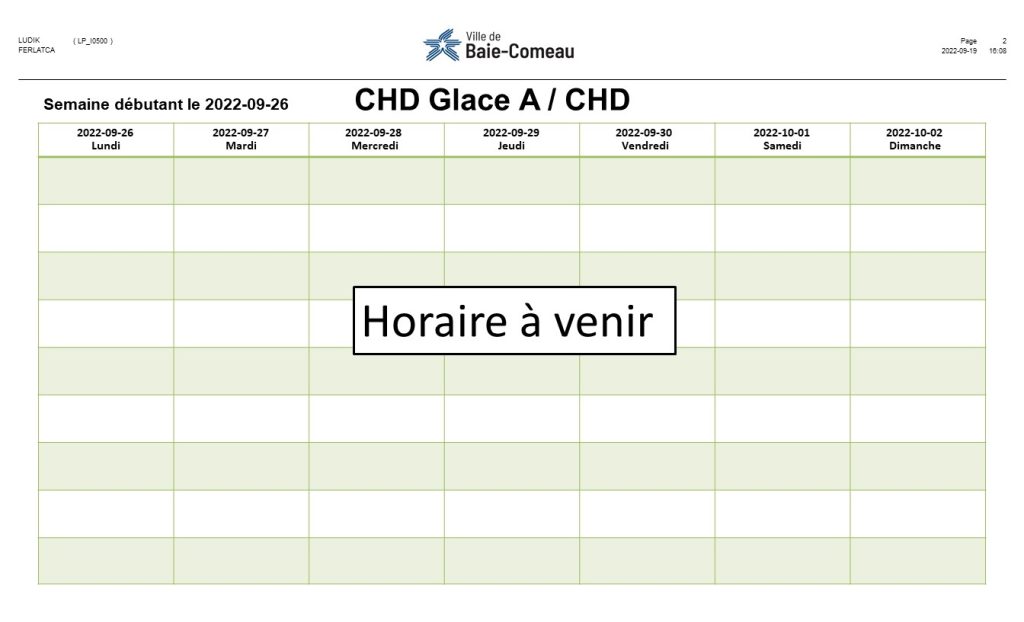 Calendrier CHD glace A - Horaire à venir