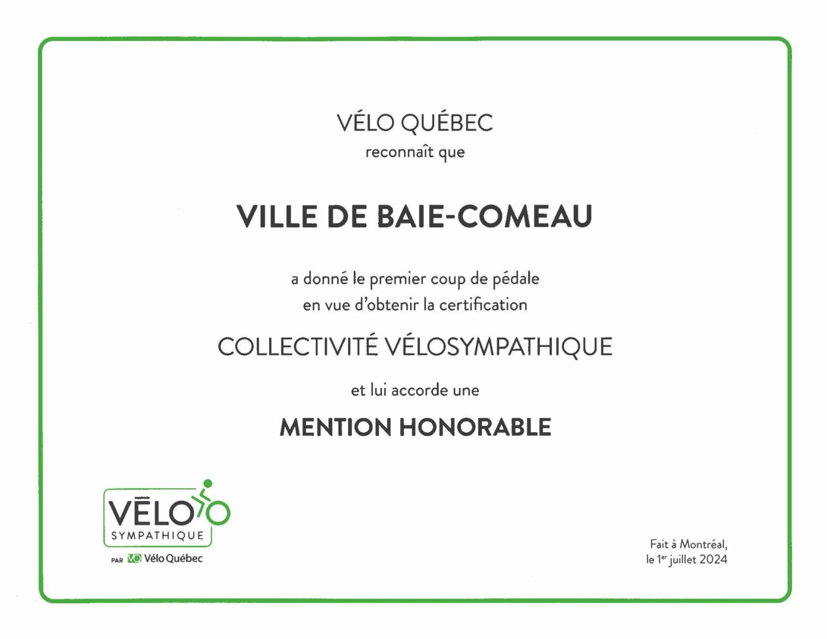 La Ville de Baie-Comeau reçoit une mention honorable de Vélo Québec
